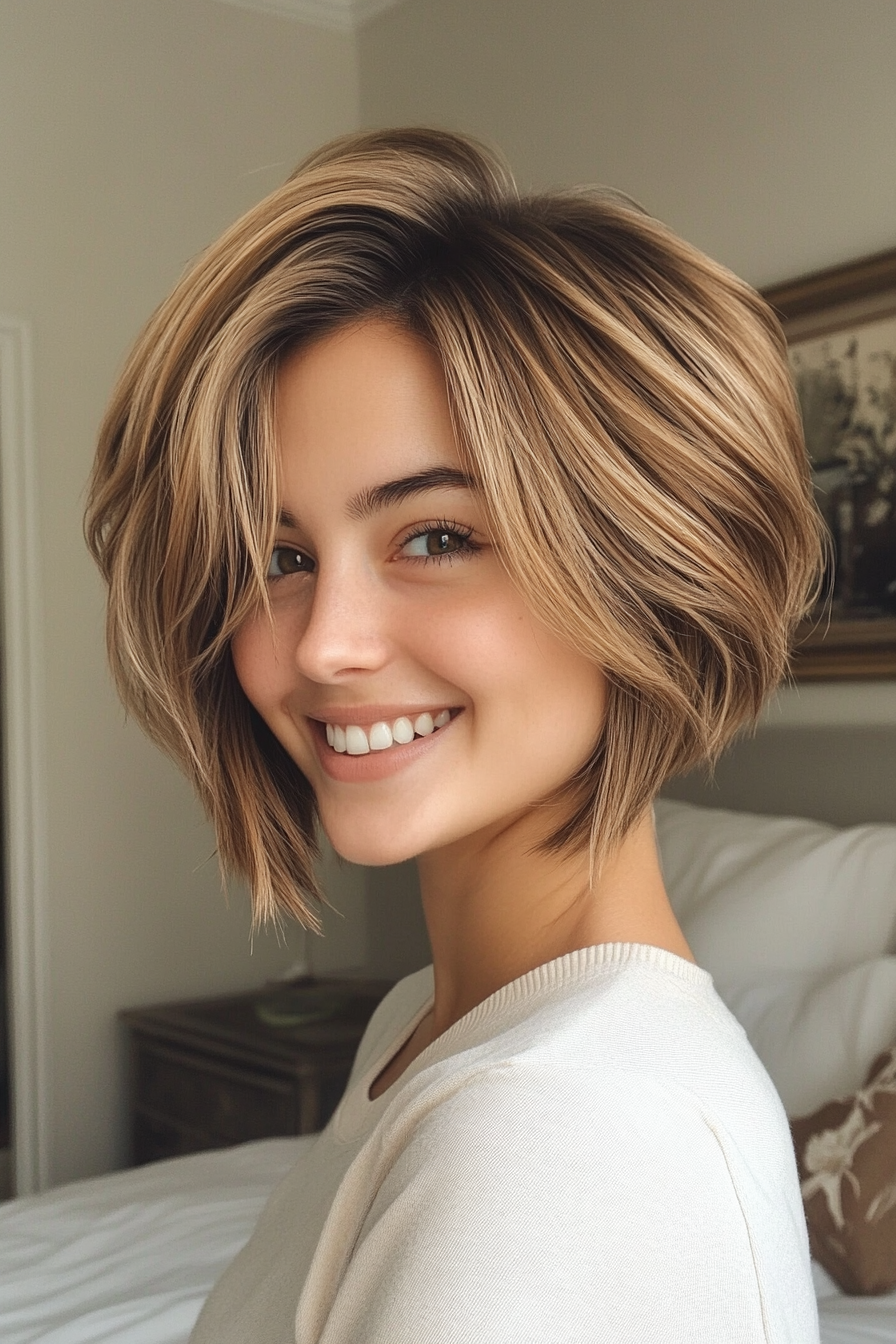 3. Layered Crop with Soft Caramel Balayage (Short Hairstyles For Thin Hair) - Short Hairstyles For Thin Hair