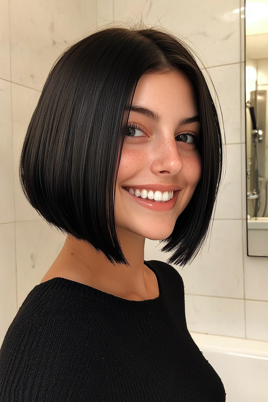 6. Blunt Bob in Glossy Black (Short Hairstyles For Thin Hair) - Short Hairstyles For Thin Hair