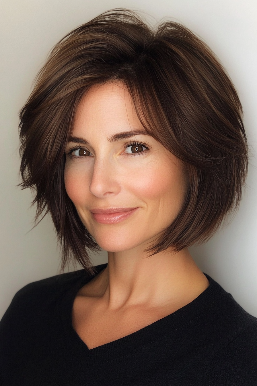 15. Short Layered Bob in Dark Chocolate Brown (Short Hairstyles For Thin Hair) - Short Hairstyles For Thin Hair