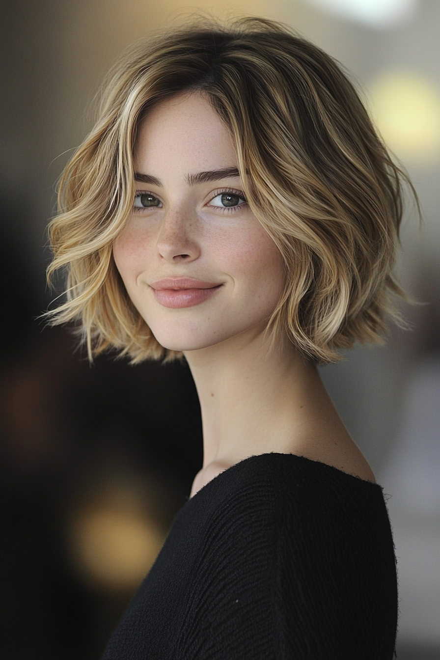 24. Wavy Bob with Honey Blonde Streaks (Short Hairstyles For Thin Hair) - Short Hairstyles For Thin Hair