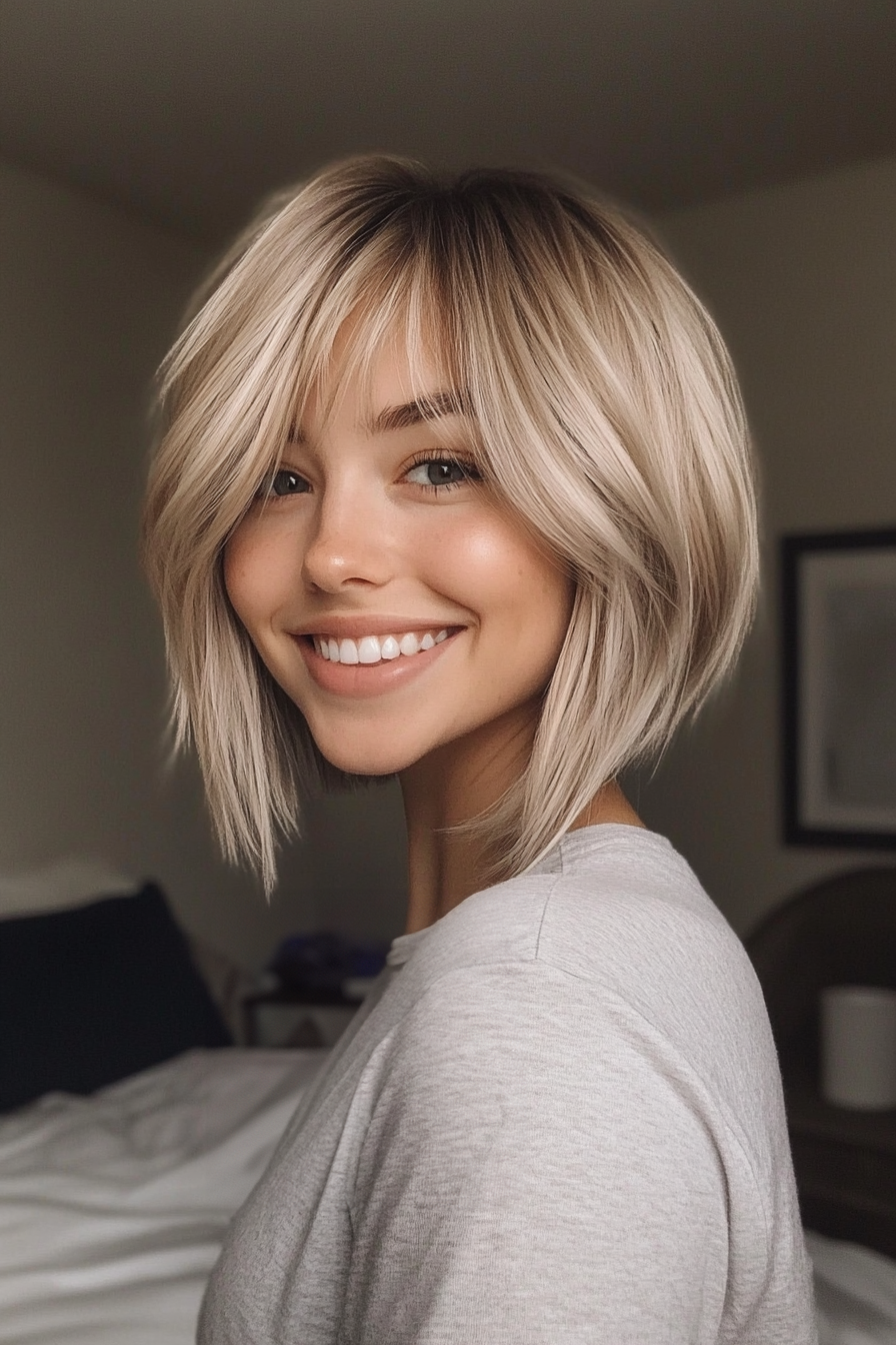 8. Wispy Bangs with Soft Beige Blonde (Short Hairstyles For Thin Hair) - Short Hairstyles For Thin Hair