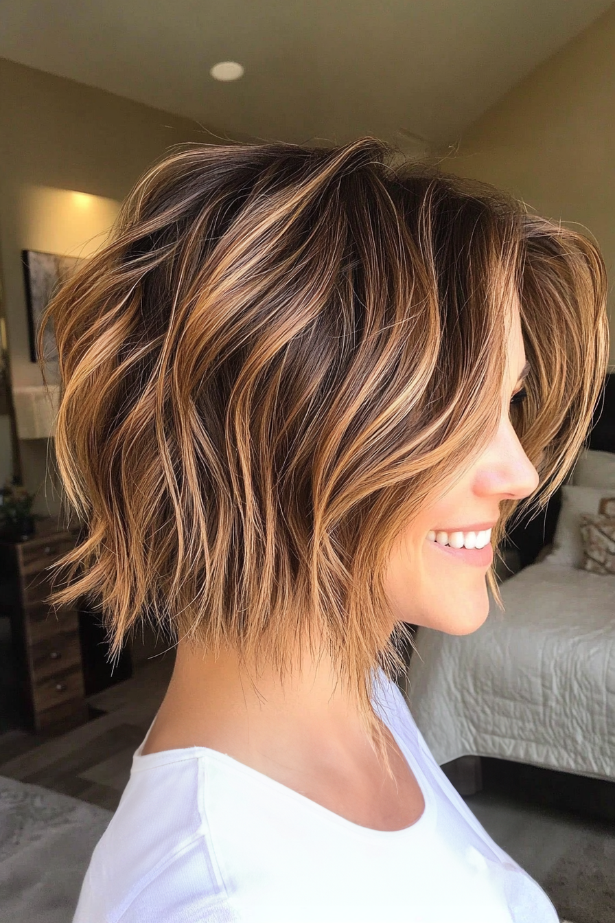 19. Messy Bob with Sun-Kissed Brunette Highlights (Short Hairstyles For Thin Hair) - Short Hairstyles For Thin Hair