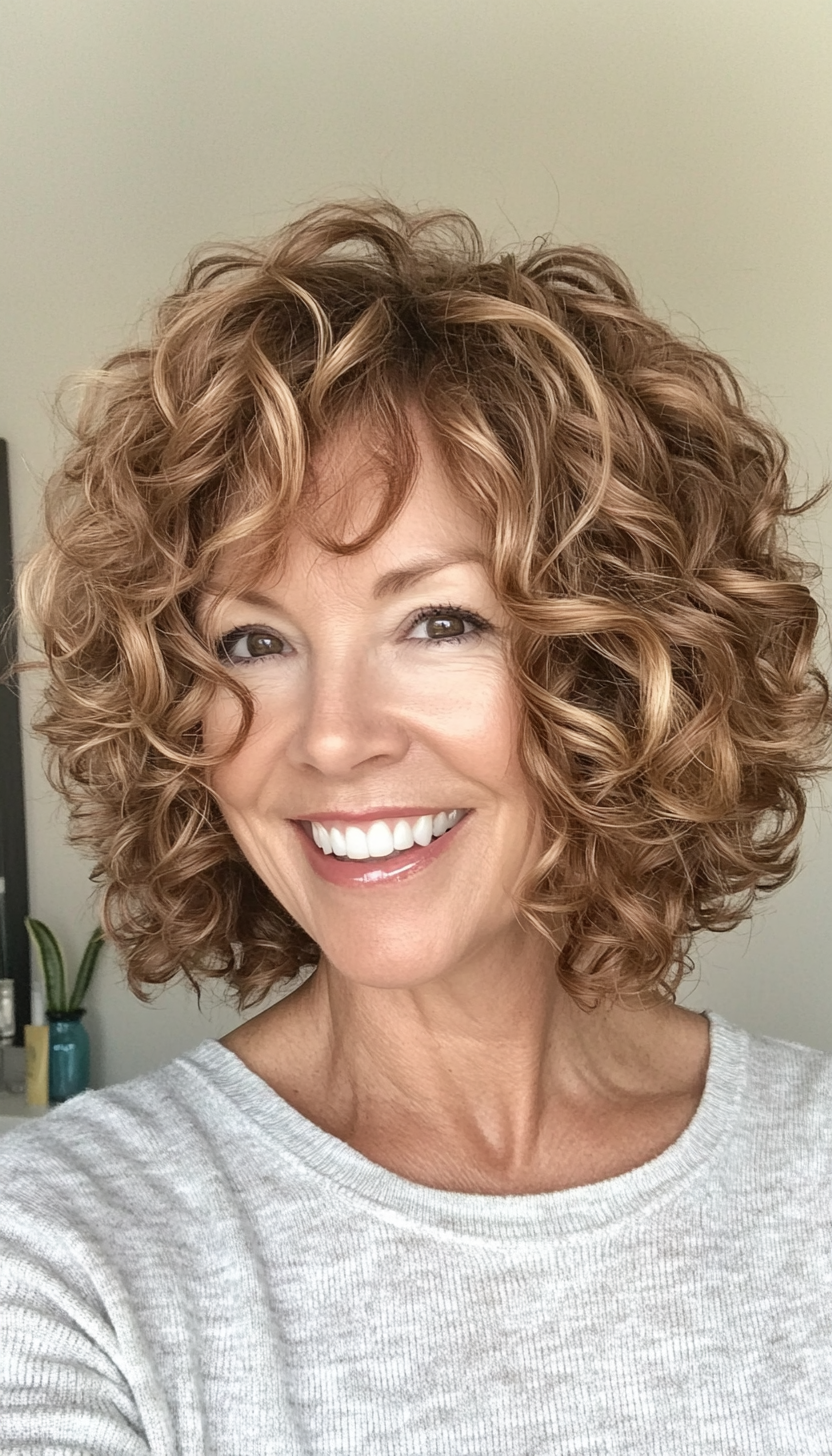 8. Curly Bob in Golden Brown (Bob Hairstyles For Women Over 50) - Bob Hairstyles For Women Over 50