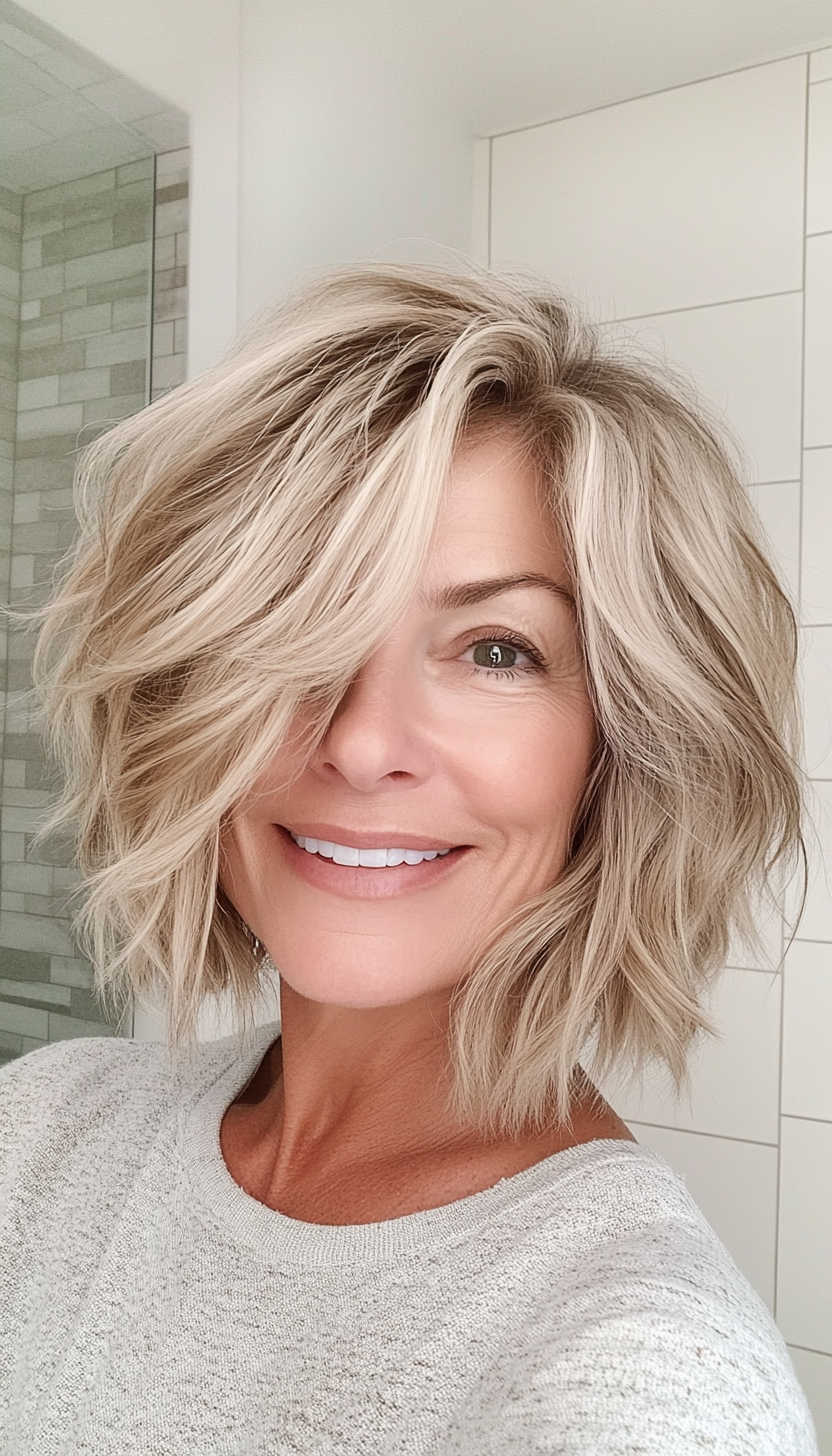 13. Messy Bob in Cool Beige Blonde (Bob Hairstyles For Women Over 50) - Bob Hairstyles For Women Over 50