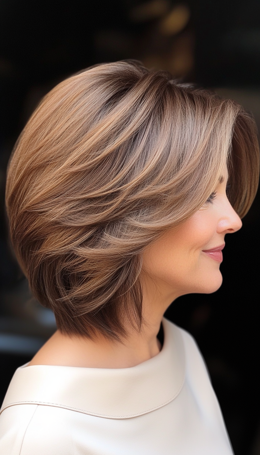 26. Soft Layered Bob in Warm Tawny Brown (Bob Hairstyles For Women Over 50) - Bob Hairstyles For Women Over 50