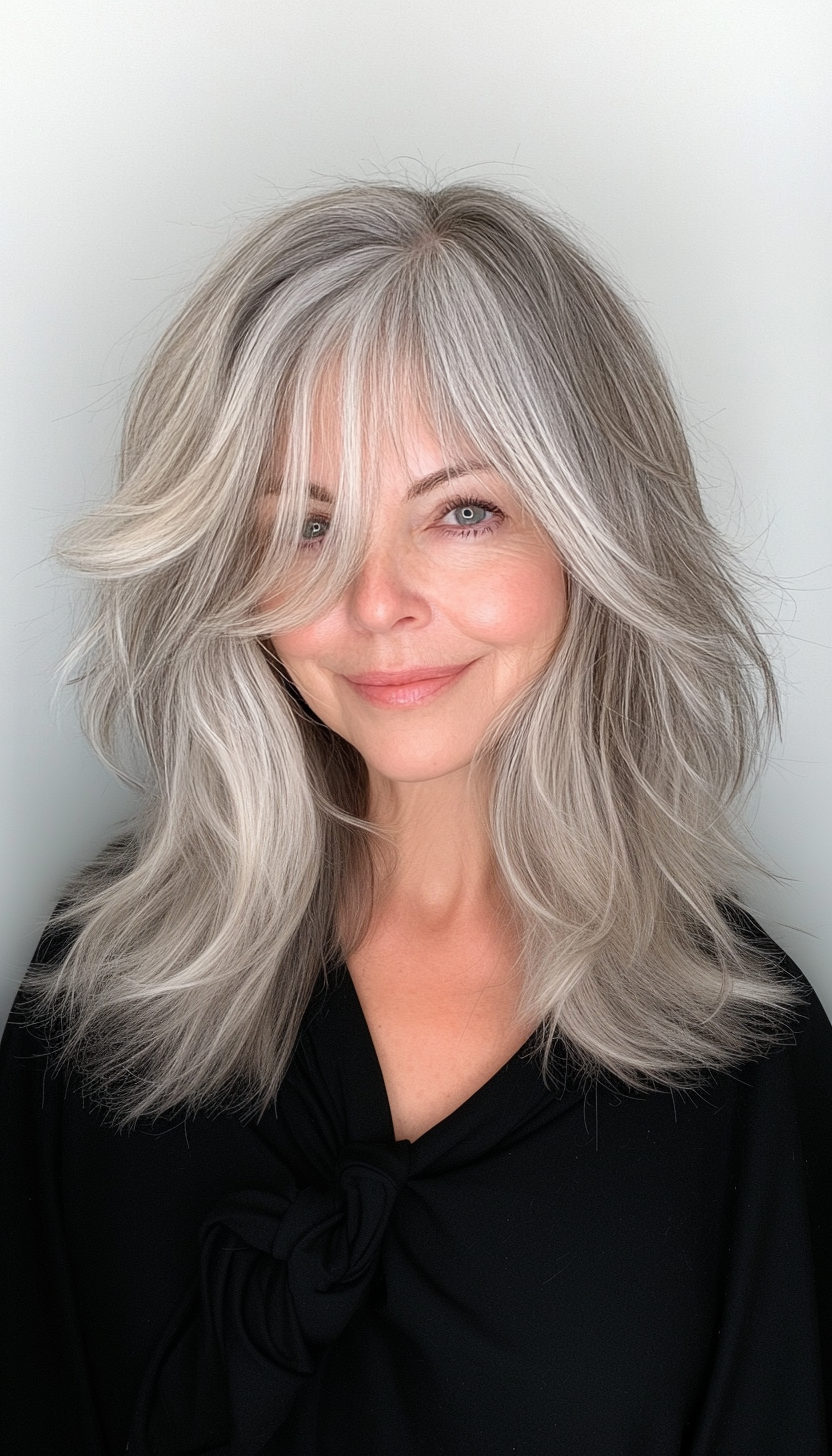 6. Wispy Bangs with Silver Undertones (Haircuts For Older Women With Thinning Hair) - Haircuts For Older Women With Thinning Hair