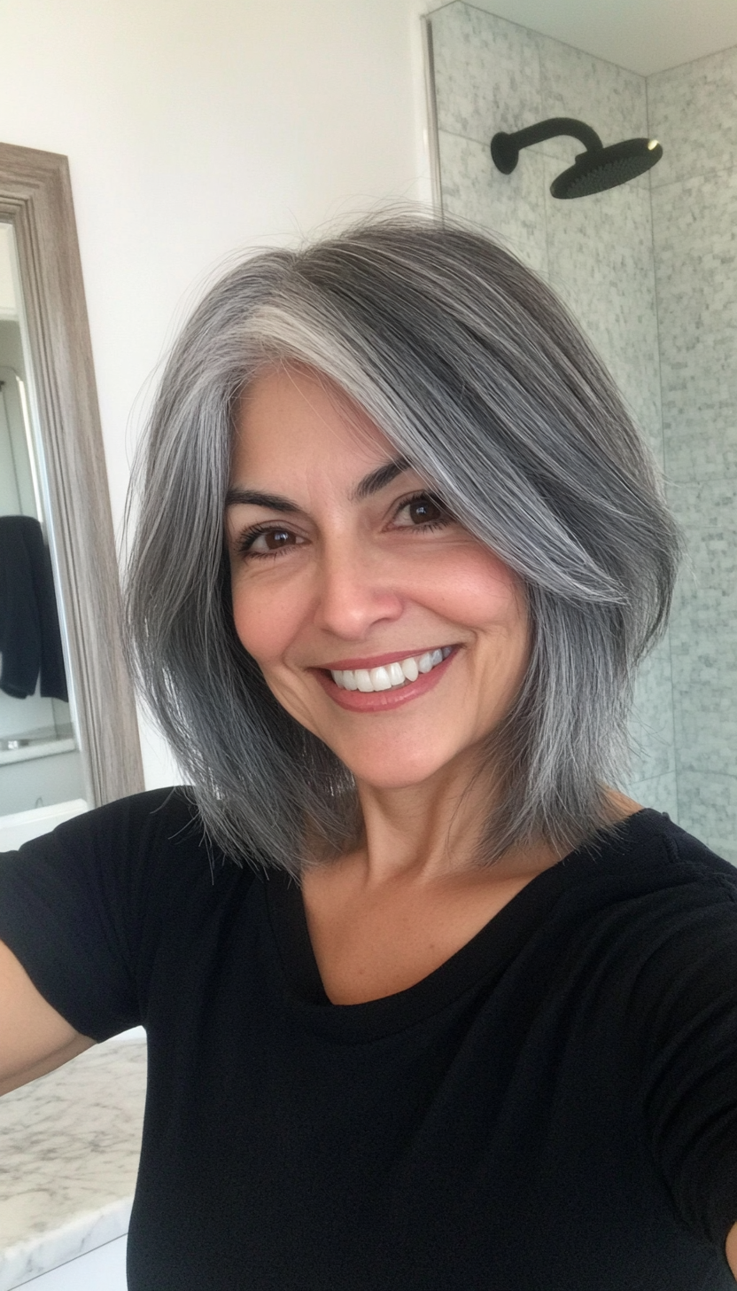 11. Asymmetrical Cut in Natural Gray (Haircuts For Older Women With Thinning Hair) - Haircuts For Older Women With Thinning Hair