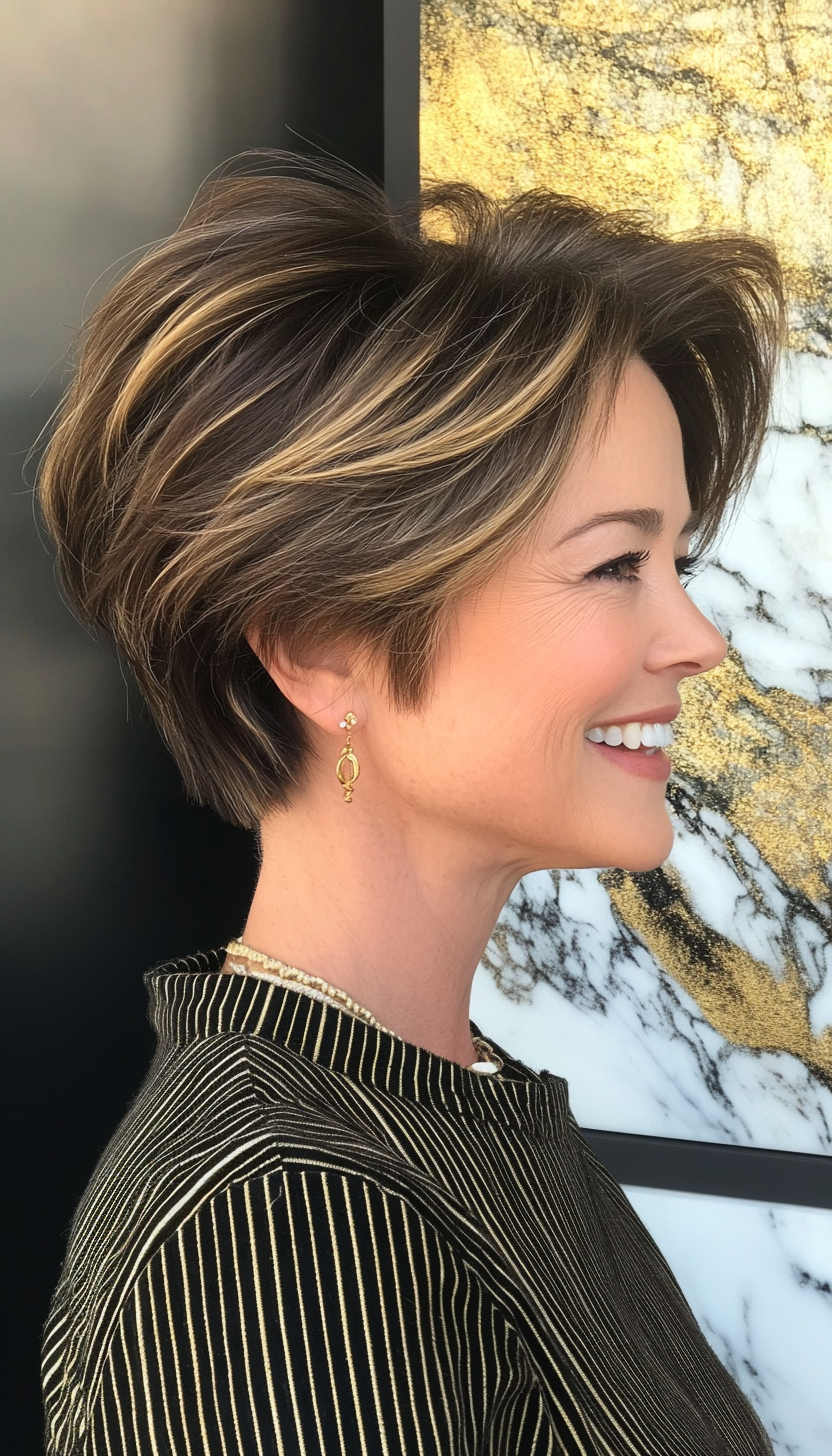 21. Pixie-Bob in Soft Gold Highlights (Haircuts For Older Women With Thinning Hair) - Haircuts For Older Women With Thinning Hair