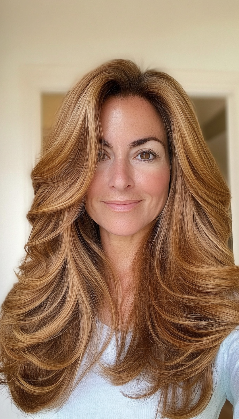 1. Golden Brunette Layered Waves (Long Haircuts For Older Women) - Long Haircuts For Older Women