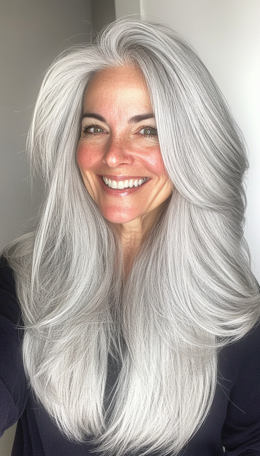 2. Silver Cascade Layers (Long Haircuts For Older Women) - Long Haircuts For Older Women