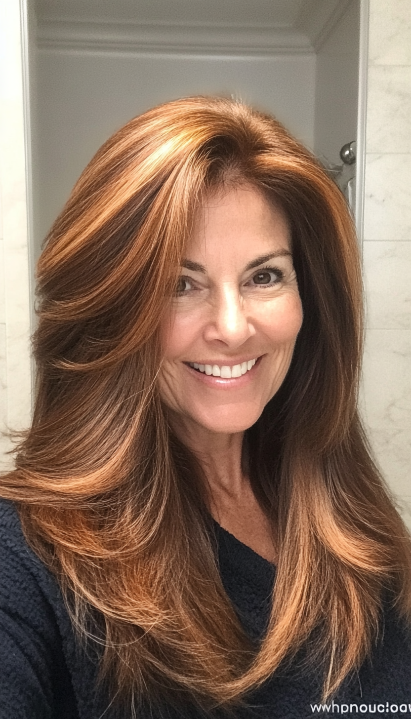 4. Chestnut Feathered Ends (Long Haircuts For Older Women) - Long Haircuts For Older Women