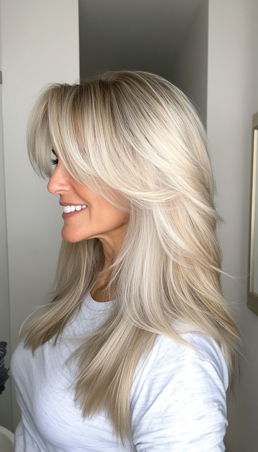 8. Platinum Blonde Layers with Bangs (Long Haircuts For Older Women) - Long Haircuts For Older Women