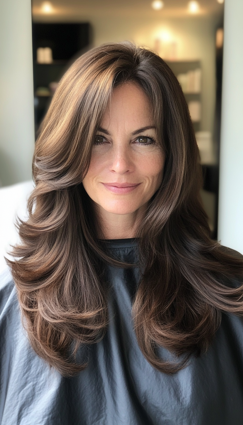 9. Dark Chocolate Layered Tresses (Long Haircuts For Older Women) - Long Haircuts For Older Women