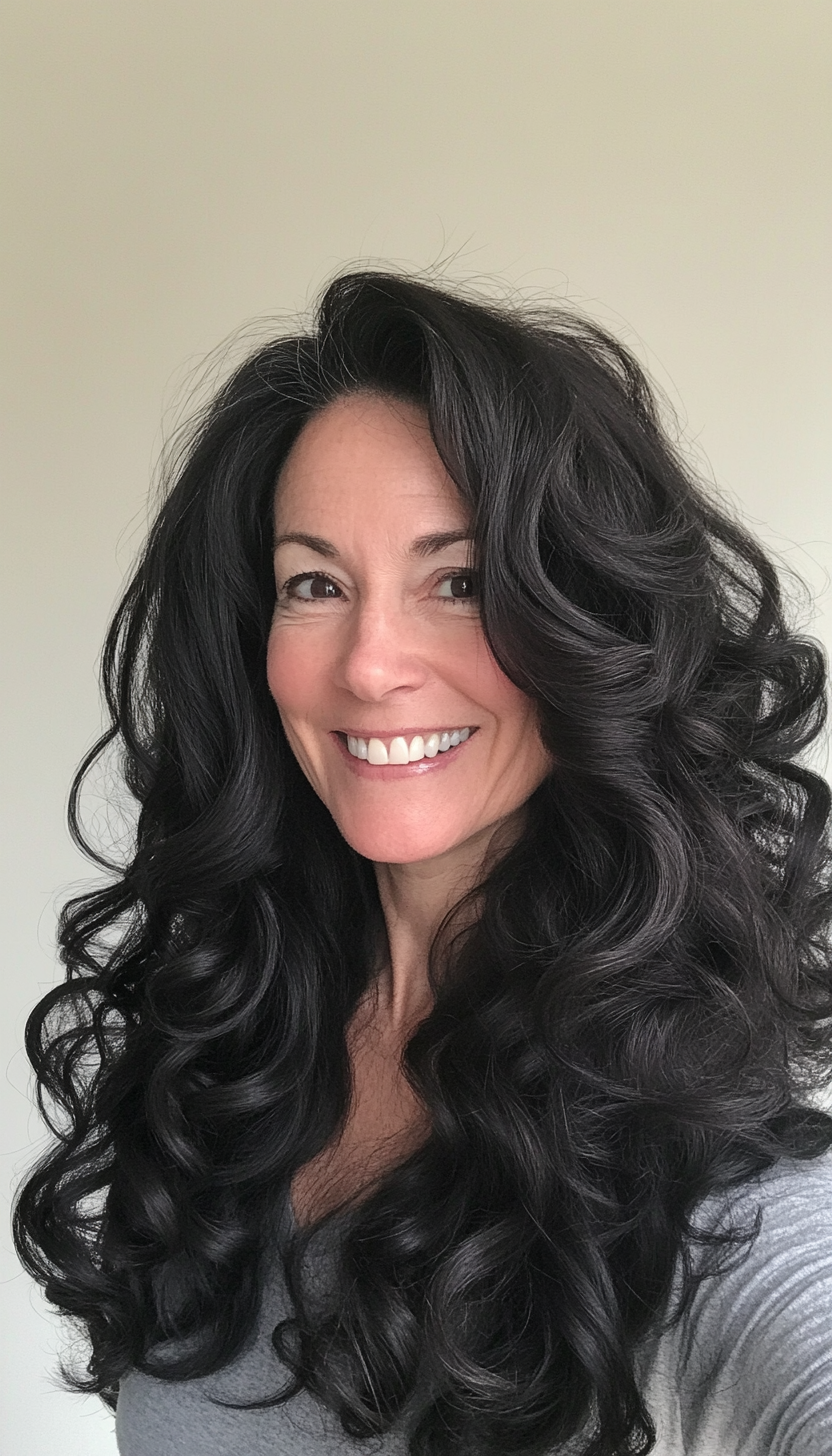 11. Soft Black Voluminous Curls (Long Haircuts For Older Women) - Long Haircuts For Older Women
