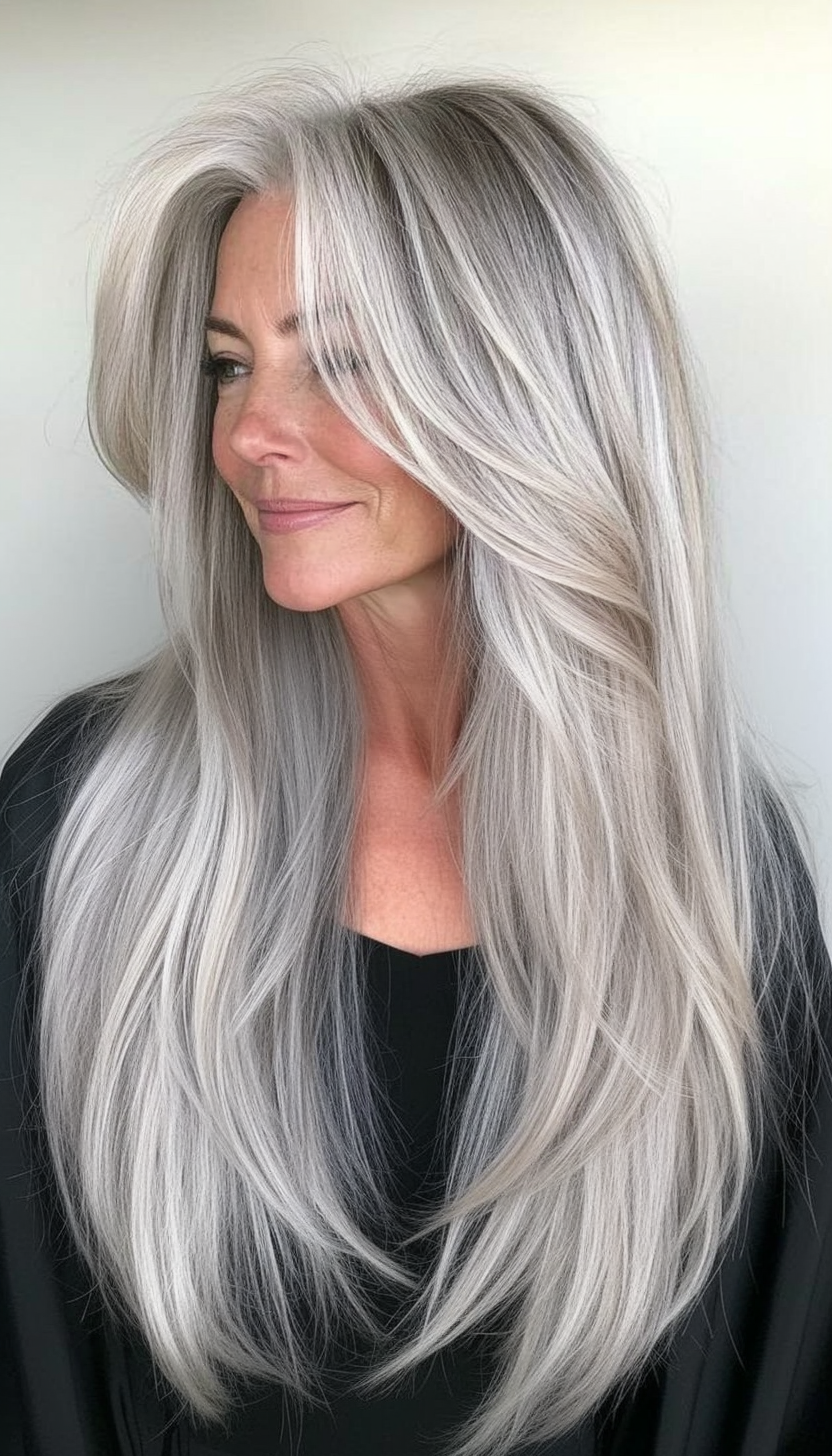 18. Silver Ash Sleek Tresses (Long Haircuts For Older Women) - Long Haircuts For Older Women