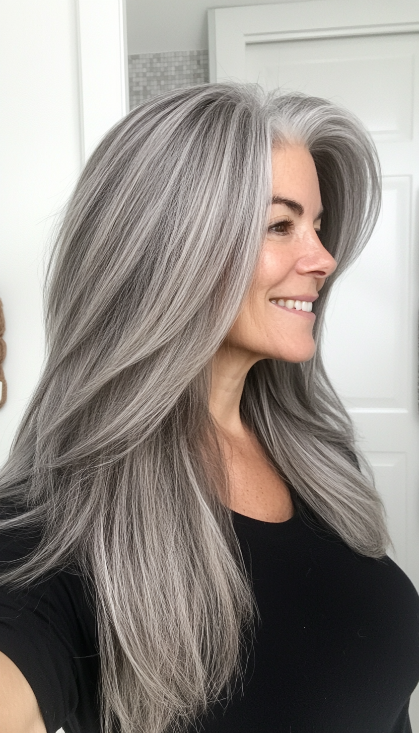 21. Charcoal Gray Long Layers (Long Haircuts For Older Women) - Long Haircuts For Older Women