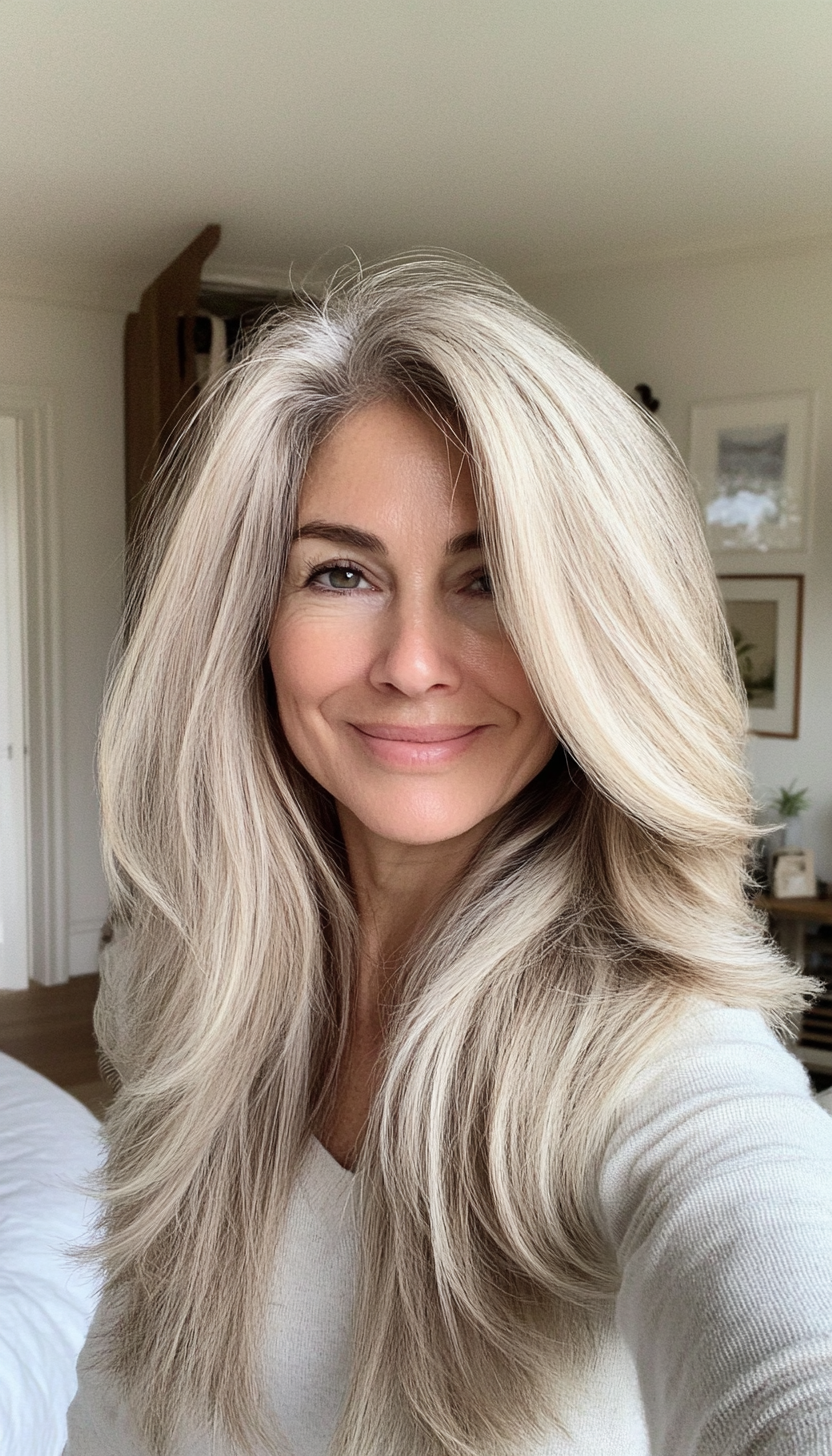 24. Creamy Beige Feathered Layers (Long Haircuts For Older Women) - Long Haircuts For Older Women
