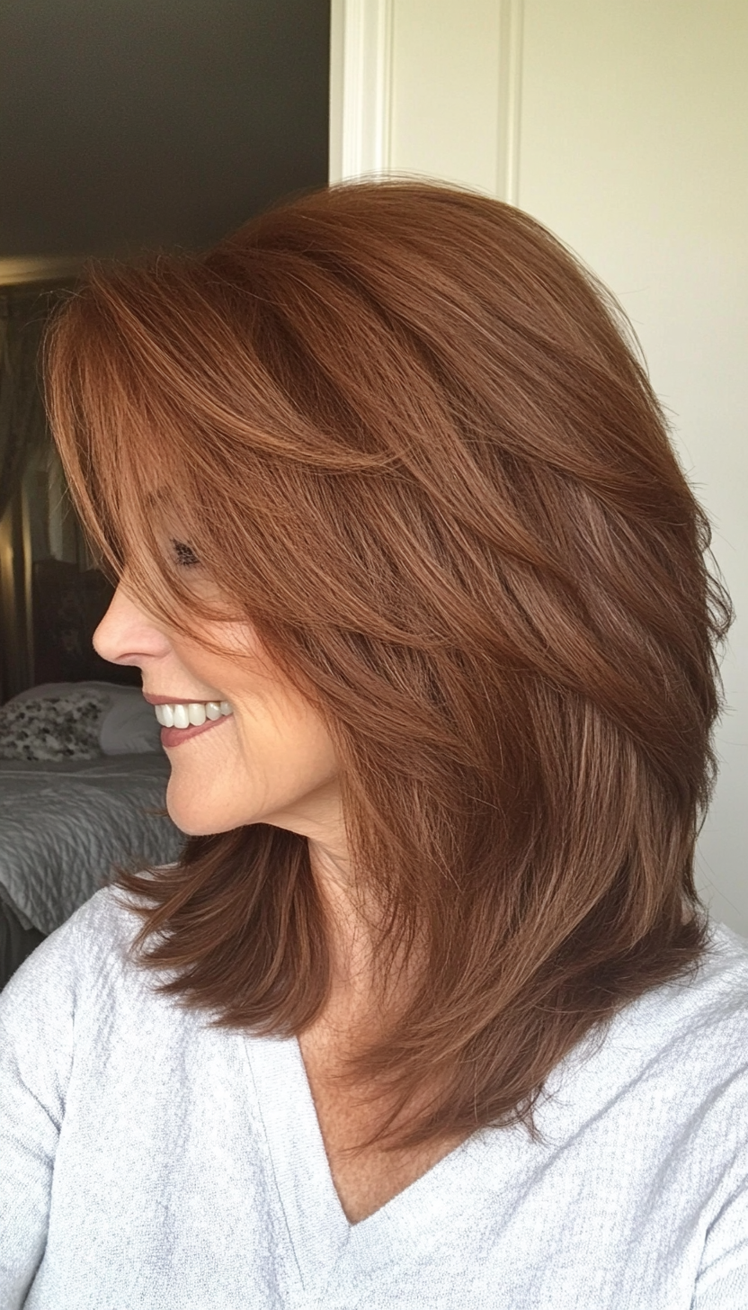 2. Warm Chestnut Shag Cut (Medium Length Hairstyles For Women Over 60) - Medium Length Hairstyles For Women Over 60