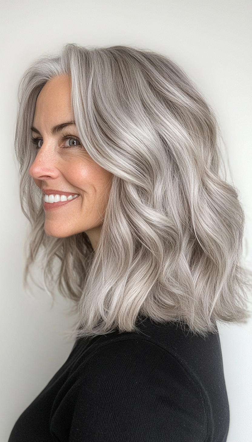 3. Natural Gray with Textured Waves (Medium Length Hairstyles For Women Over 60) - Medium Length Hairstyles For Women Over 60