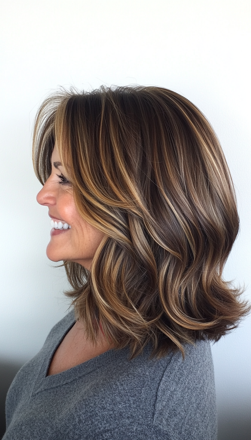 4. Layered Caramel Lob (Medium Length Hairstyles For Women Over 60) - Medium Length Hairstyles For Women Over 60