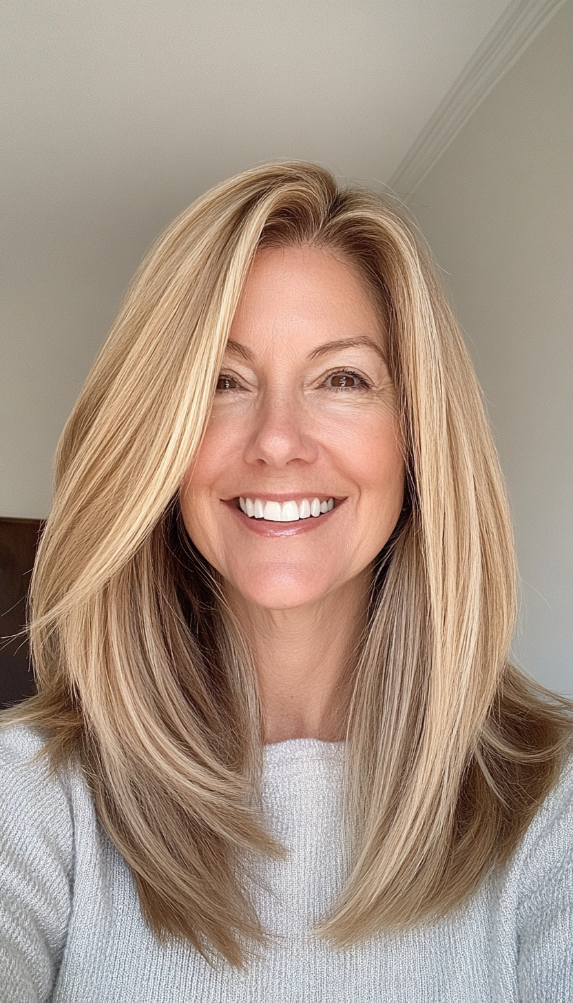 5. Golden Blonde Straight Layers (Medium Length Hairstyles For Women Over 60) - Medium Length Hairstyles For Women Over 60
