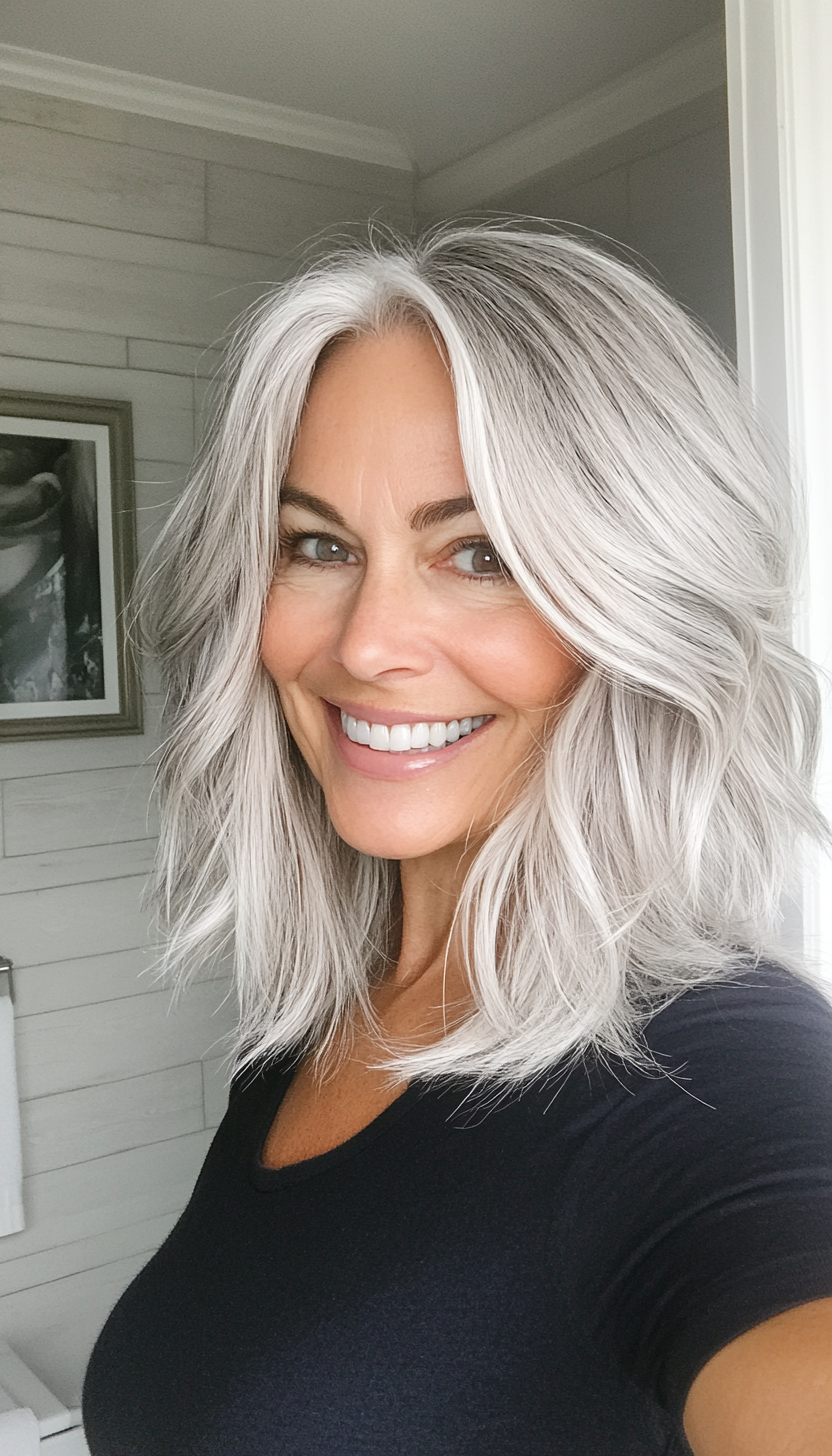 7. Silver Balayage Shoulder Cut (Medium Length Hairstyles For Women Over 60) - Medium Length Hairstyles For Women Over 60