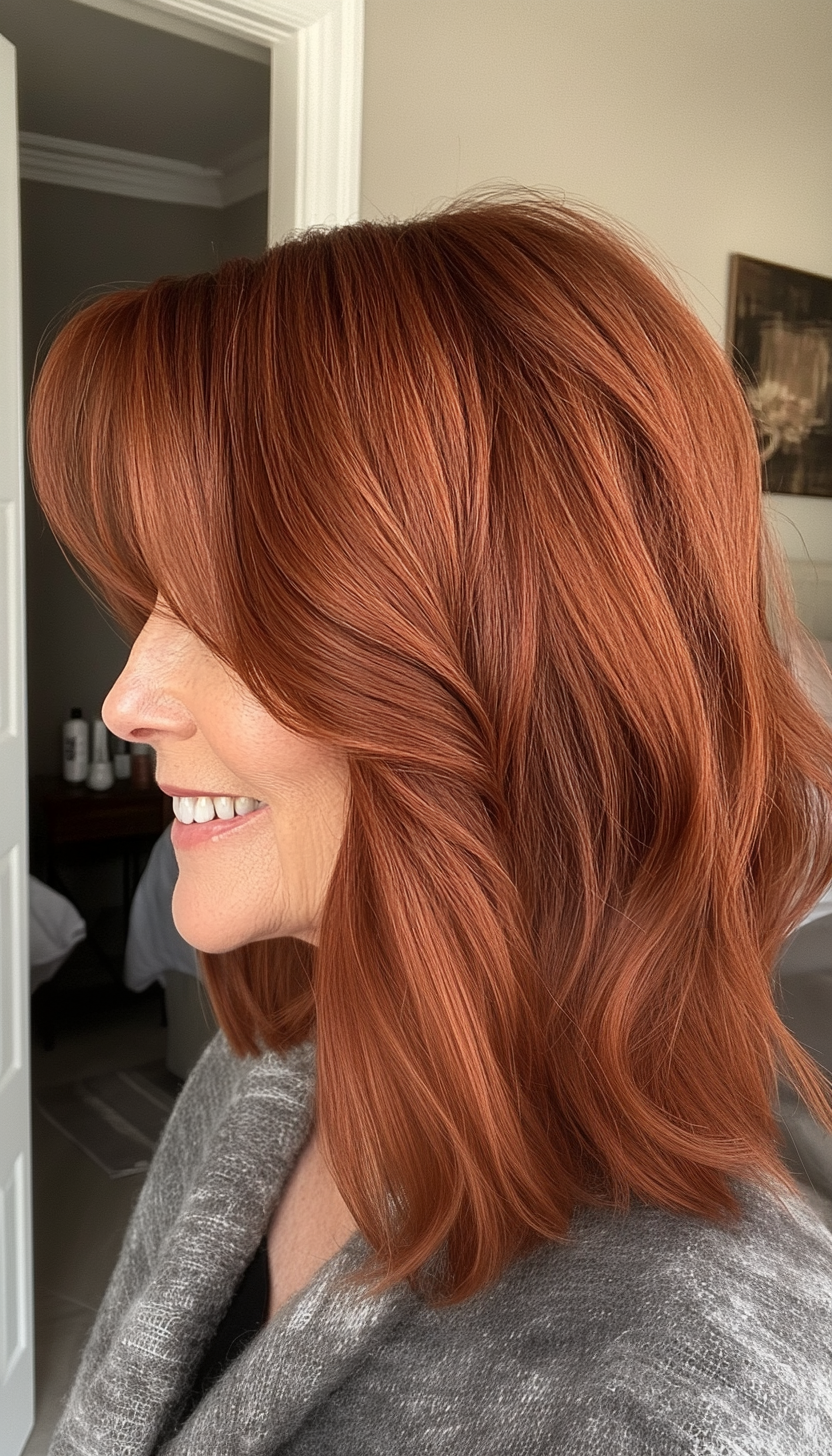 8. Rich Auburn Lob with Side Bangs (Medium Length Hairstyles For Women Over 60) - Medium Length Hairstyles For Women Over 60