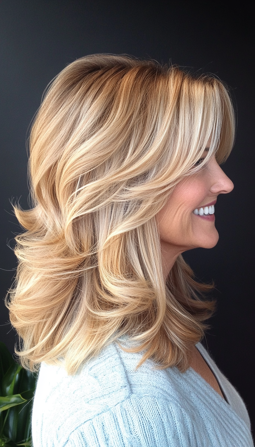 9. Honey Blonde Curved Layers (Medium Length Hairstyles For Women Over 60) - Medium Length Hairstyles For Women Over 60