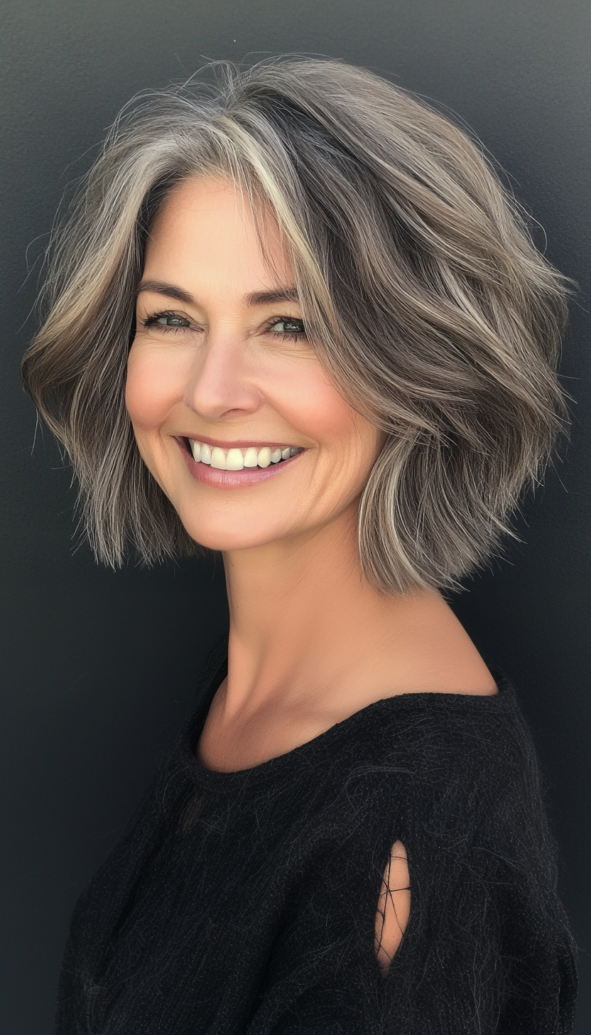 11. Salt and Pepper Textured Bob (Medium Length Hairstyles For Women Over 60) - Medium Length Hairstyles For Women Over 60