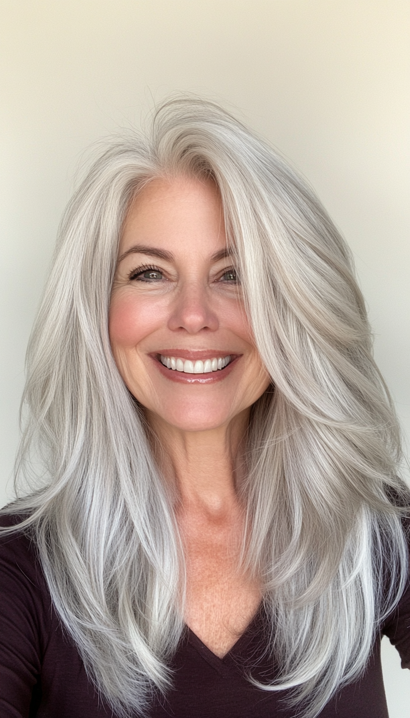 14. Silver Blonde Wispy Layers (Medium Length Hairstyles For Women Over 60) - Medium Length Hairstyles For Women Over 60