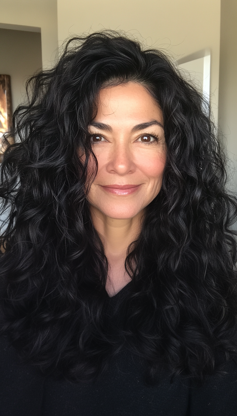 16. Natural Black Layered Curls (Medium Length Hairstyles For Women Over 60) - Medium Length Hairstyles For Women Over 60