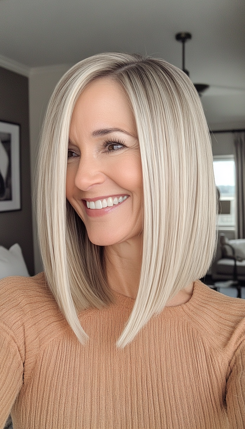 17. Champagne Blonde Blunt Lob (Medium Length Hairstyles For Women Over 60) - Medium Length Hairstyles For Women Over 60