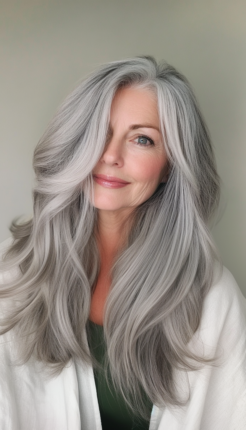 18. Ash Gray Feathered Cut (Medium Length Hairstyles For Women Over 60) - Medium Length Hairstyles For Women Over 60