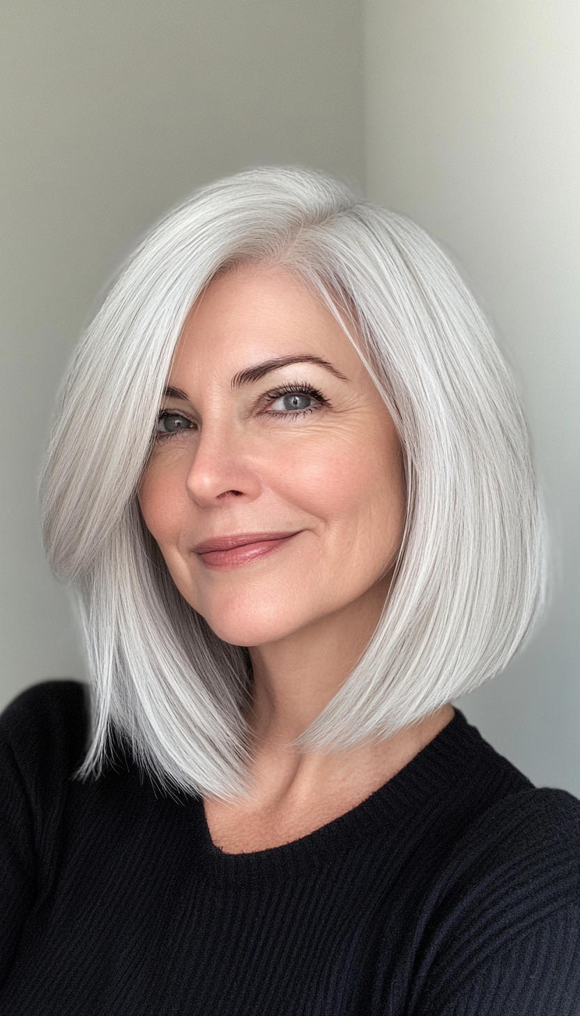 20. Platinum White Side-Parted Lob (Medium Length Hairstyles For Women Over 60) - Medium Length Hairstyles For Women Over 60