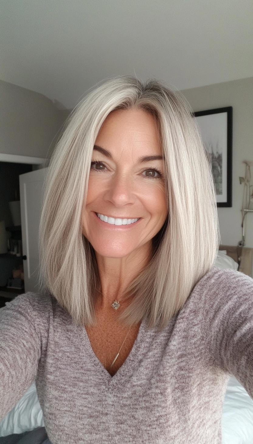 22. Ash Blonde Choppy Lob (Medium Length Hairstyles For Women Over 60) - Medium Length Hairstyles For Women Over 60