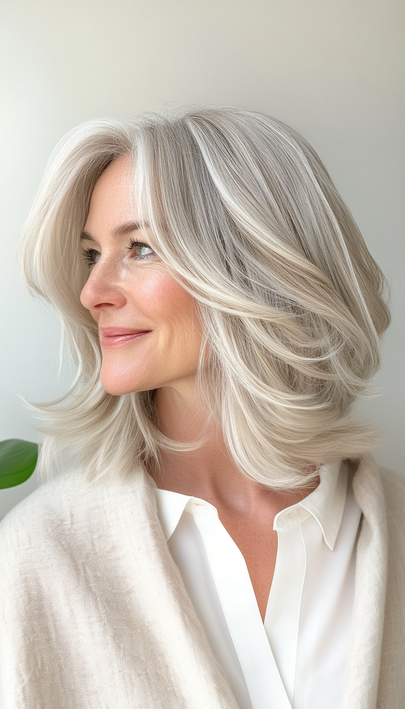 25. Natural White Lob with Curtain Bangs (Medium Length Hairstyles For Women Over 60) - Medium Length Hairstyles For Women Over 60