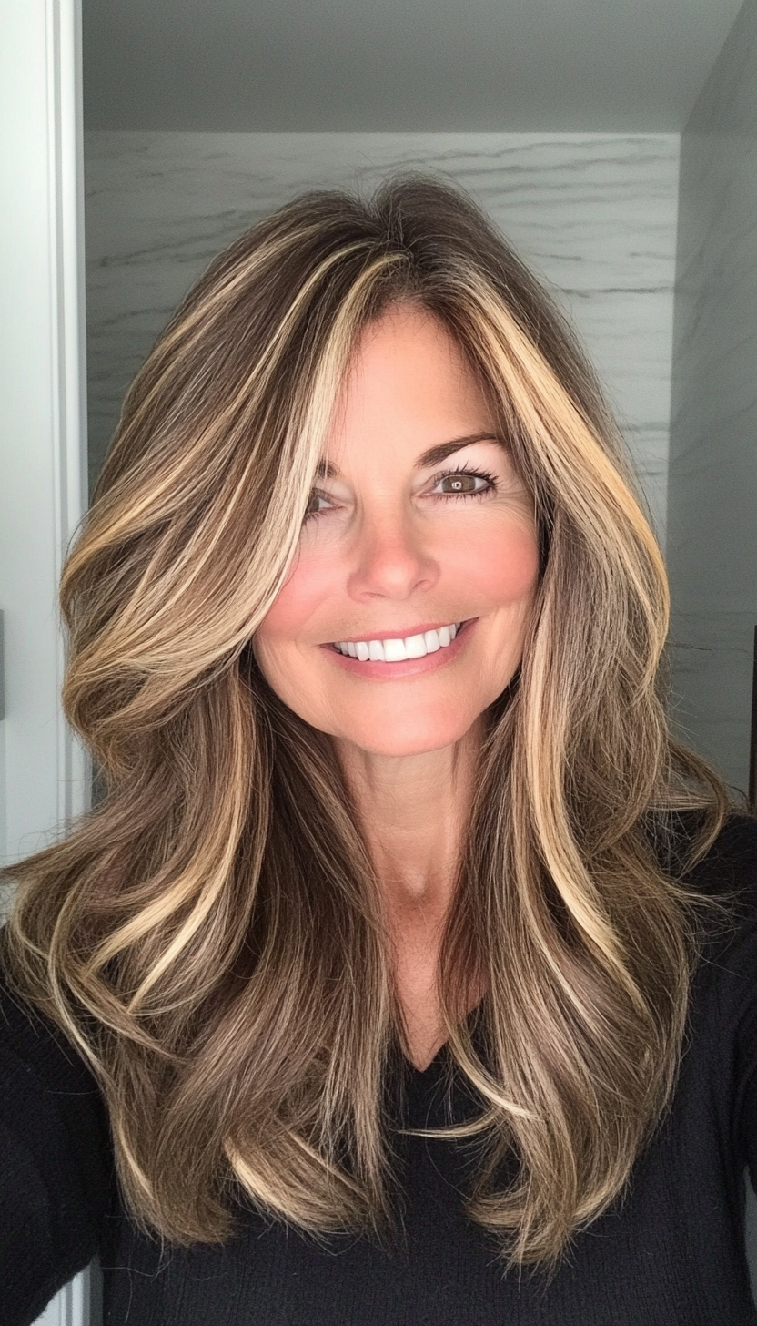 26. Golden Highlights on Brunette Layers (Medium Length Hairstyles For Women Over 60) - Medium Length Hairstyles For Women Over 60