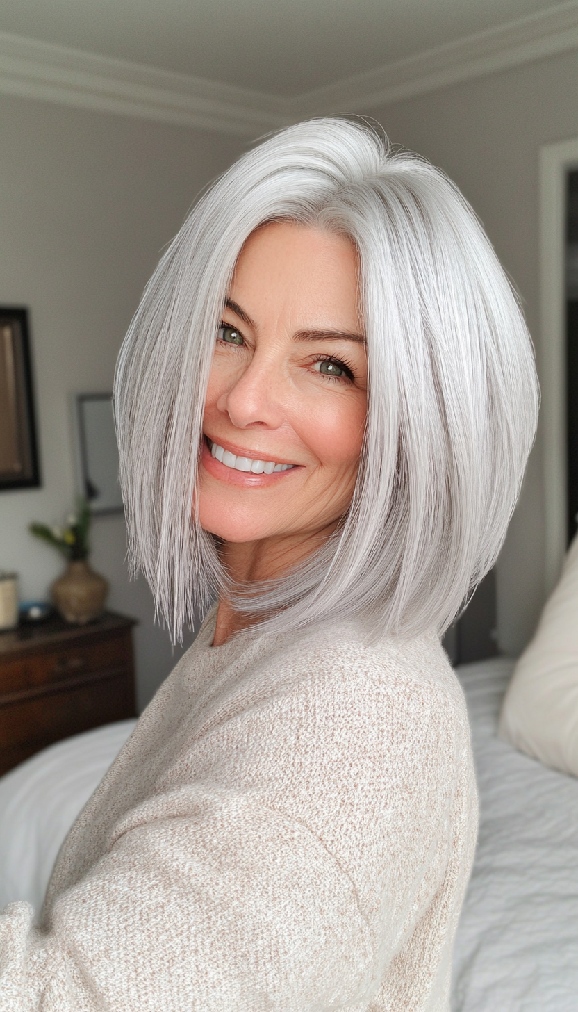 27. Icy Silver Pixie Lob Hybrid (Medium Length Hairstyles For Women Over 60) - Medium Length Hairstyles For Women Over 60