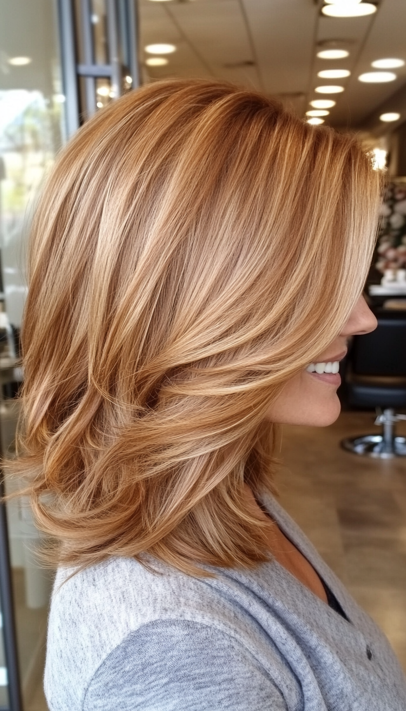 2. Golden Caramel Layered Bob (Medium Bob Hairstyles) - Medium Bob Hairstyles