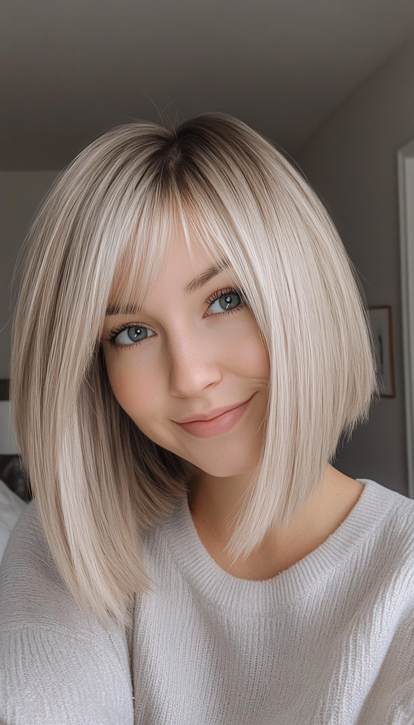 13. Light Ash Blonde Bob with Bangs (Medium Bob Hairstyles) - Medium Bob Hairstyles