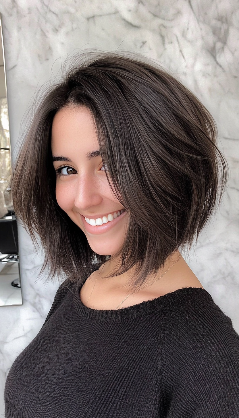 15. Charcoal Brown Layered Bob (Medium Bob Hairstyles) - Medium Bob Hairstyles