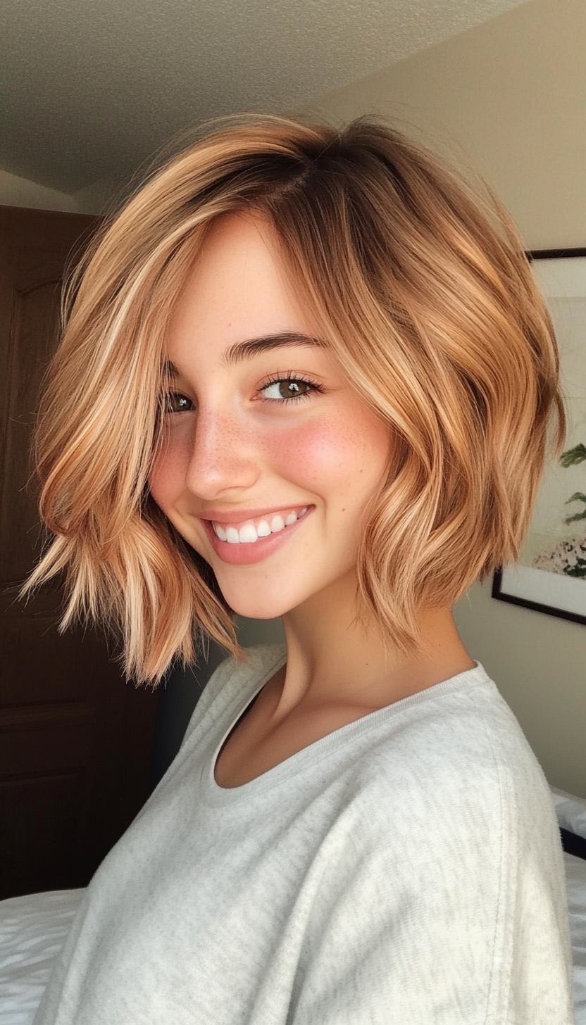 16. Strawberry Blonde Choppy Bob (Medium Bob Hairstyles) - Medium Bob Hairstyles