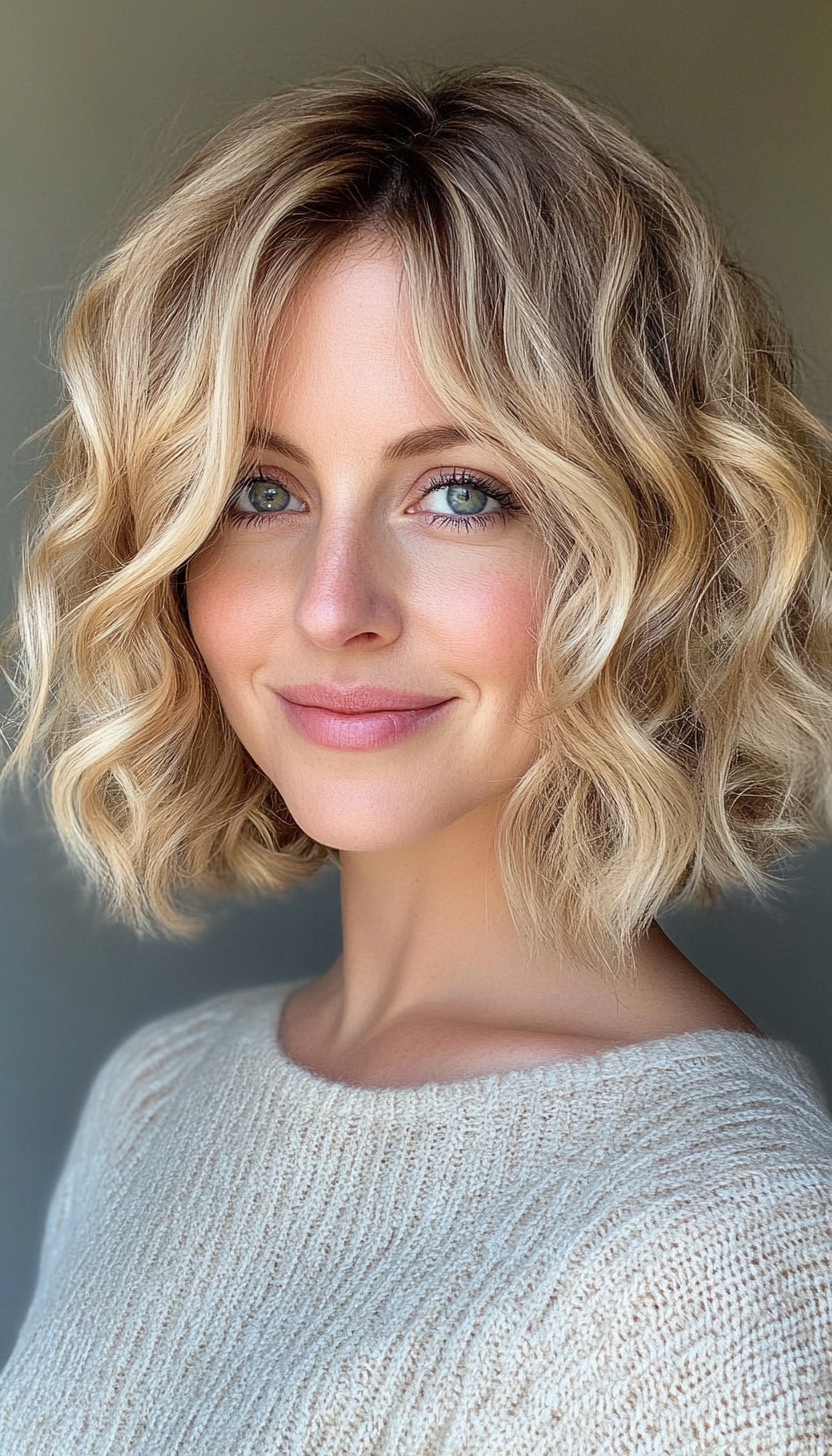 18. Wheat Blonde Curly Bob (Medium Bob Hairstyles) - Medium Bob Hairstyles