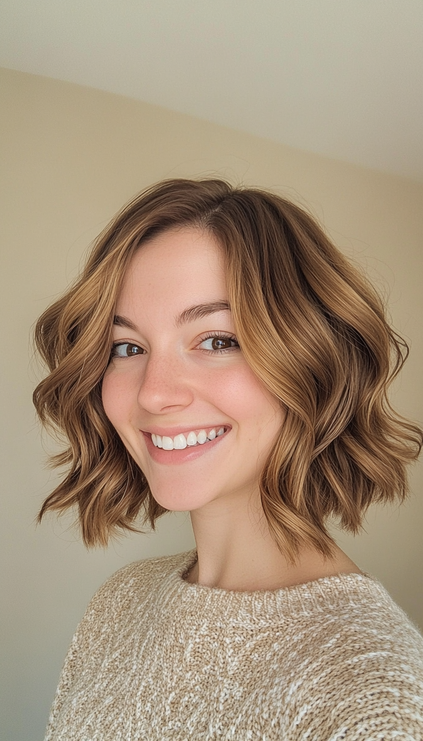 22. Golden Brown Wavy Bob (Medium Bob Hairstyles) - Medium Bob Hairstyles
