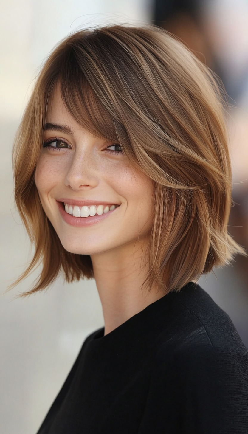 23. Light Brown Bob with Curtain Bangs (Medium Bob Hairstyles) - Medium Bob Hairstyles