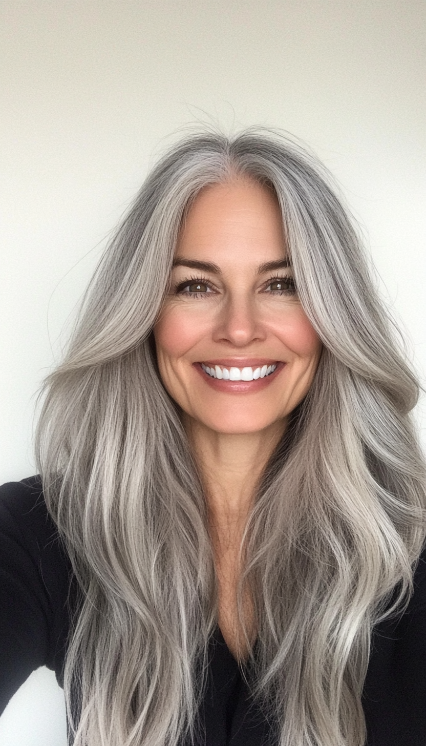 22. Light Ash Gray Layers (Long Hairstyles For Women Over 40) - Long Hairstyles For Women Over 40