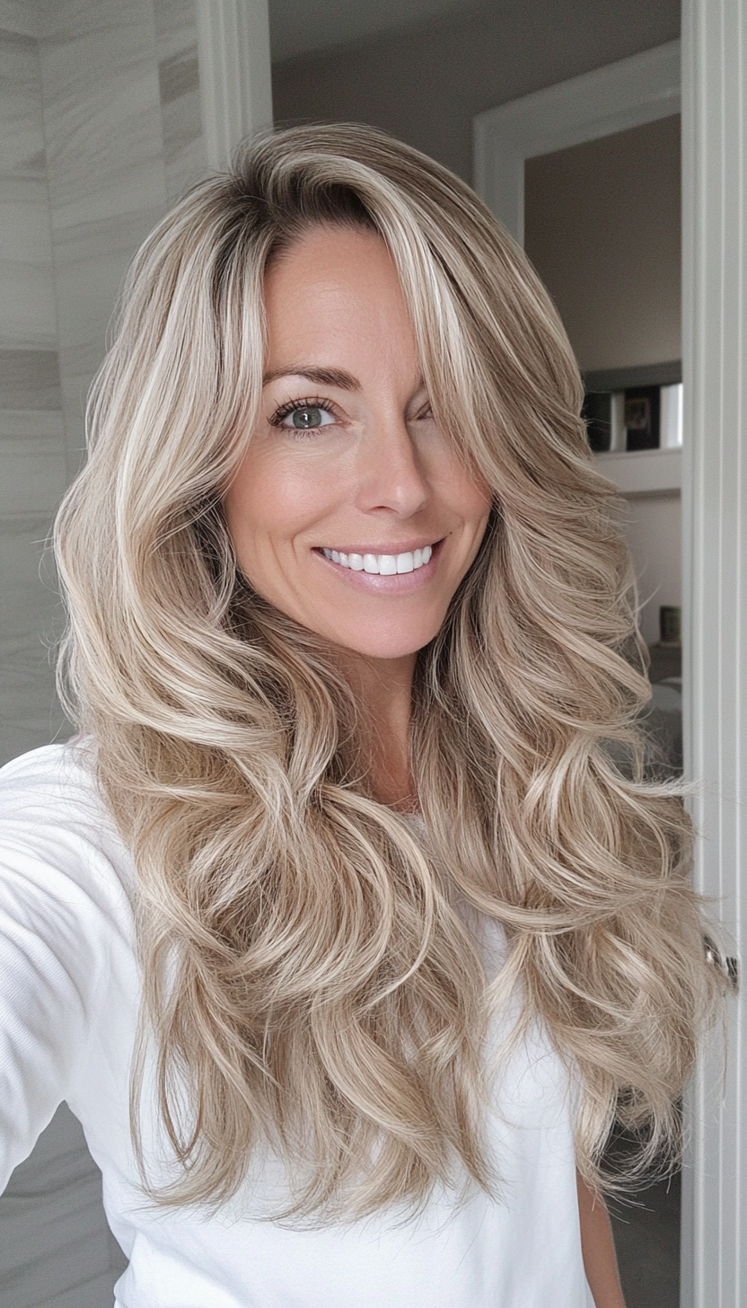 24. Icy Blonde Layered Curls (Long Hairstyles For Women Over 40) - Long Hairstyles For Women Over 40