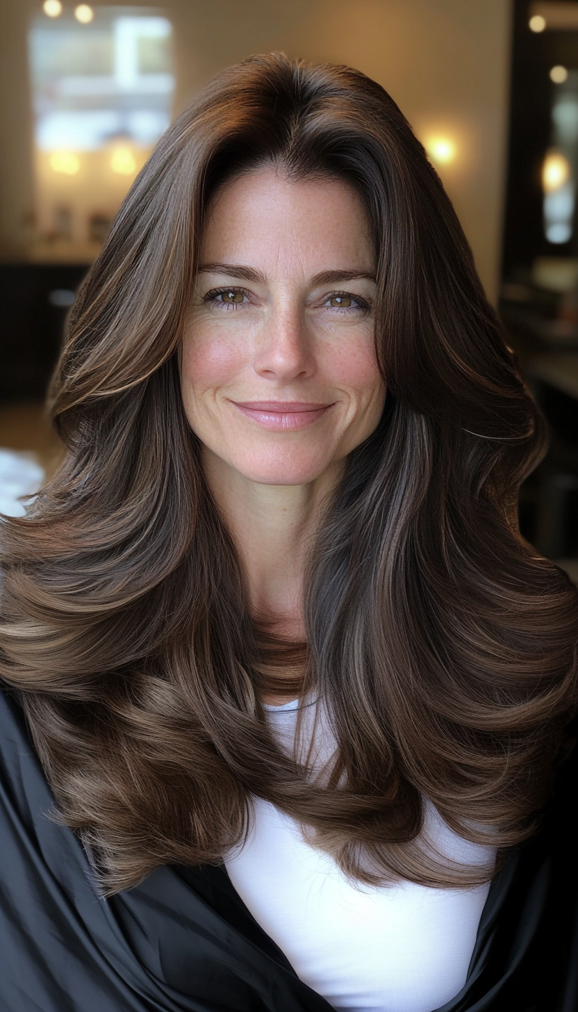 1. Classic Layered Brunette (Long Hairstyles For Women Over 40) - Long Hairstyles For Women Over 40