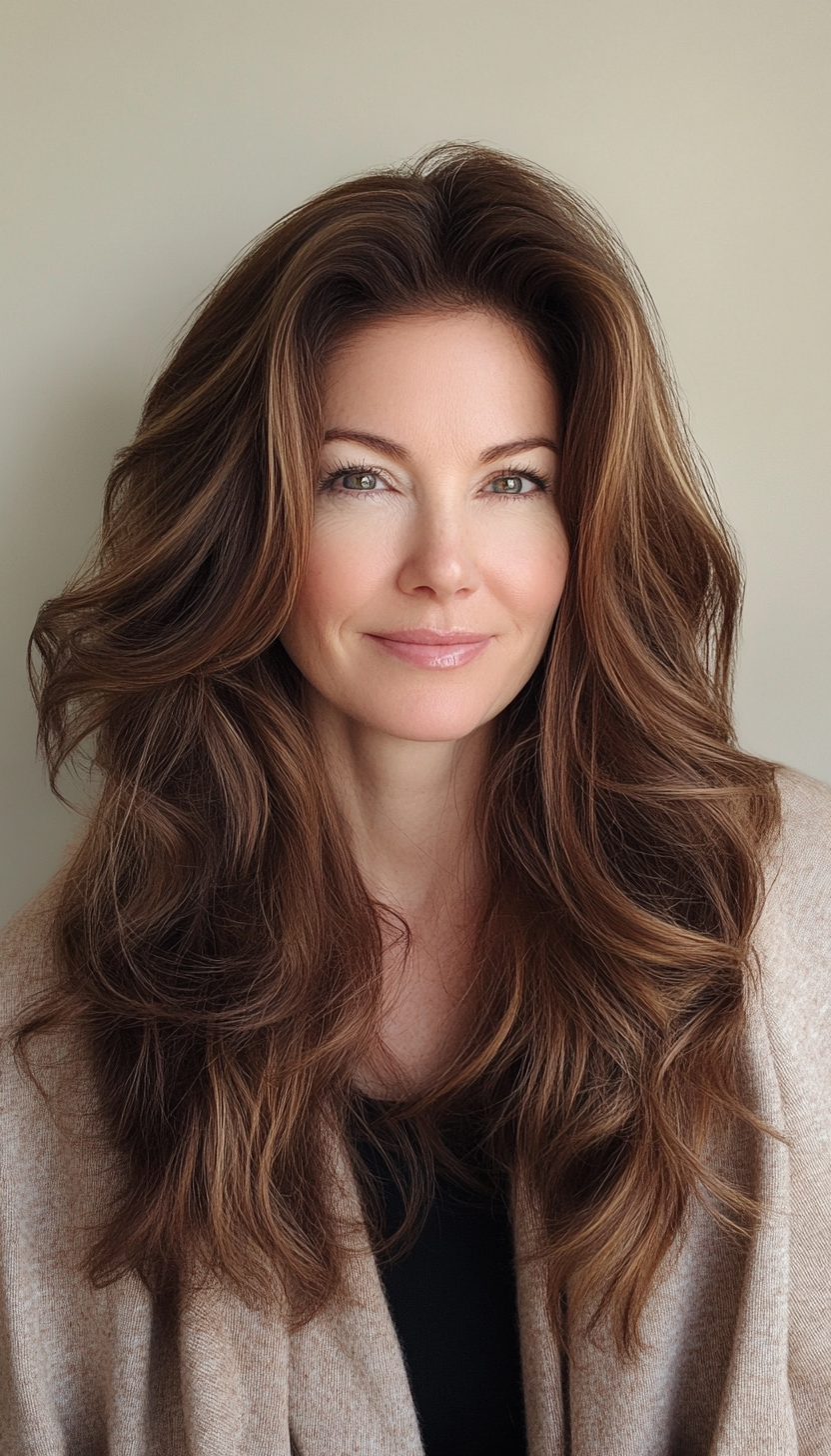 2. Golden Chestnut Waves (Long Hairstyles For Women Over 40) - Long Hairstyles For Women Over 40