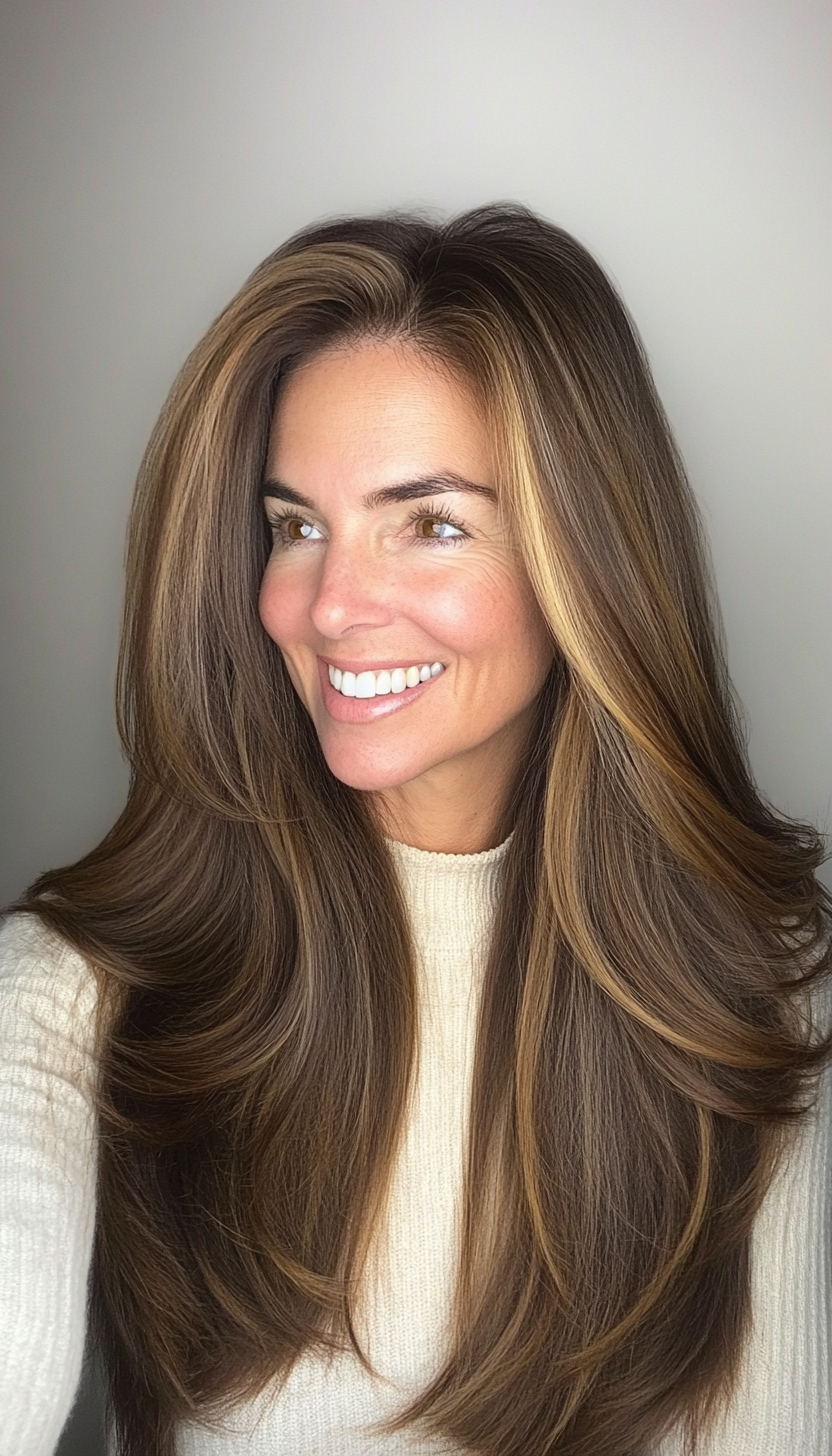 4. Soft Caramel Highlights on Long Layers (Long Hairstyles For Women Over 40) - Long Hairstyles For Women Over 40